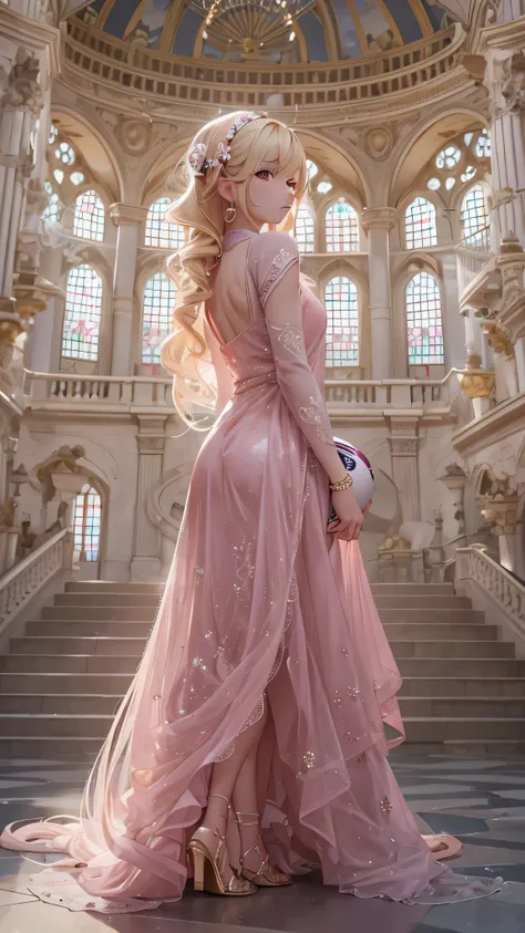  in high-definition images， the night of the ball 、 pink dress, cute hair band in a huge space,  blond hair, Beauty, Tall, In a huge space ,  long hair,  clevis on a stone, Emotionless,  Details, whole body, Ball venue。