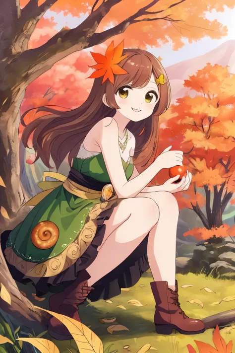 「 wears simple boots on her feet 。 with a smile on her face 、 beautiful autumn leaves and nature of Mitsumori Valley spread out in the background 。Eyes are deep emerald green、 while she holds an ammonite fossil in her hand 。 has an impressive presence that...