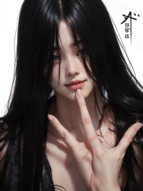 ((masters))、((top-quality))、ultra-detailed CG unity 8k Wallpaper、Incredibly delicate and handsome illustrations、floating、hight resolution、((1boy in), hair hiding eyes, black haired, pink lips, photo realistic, boy, long black hair, smiling face