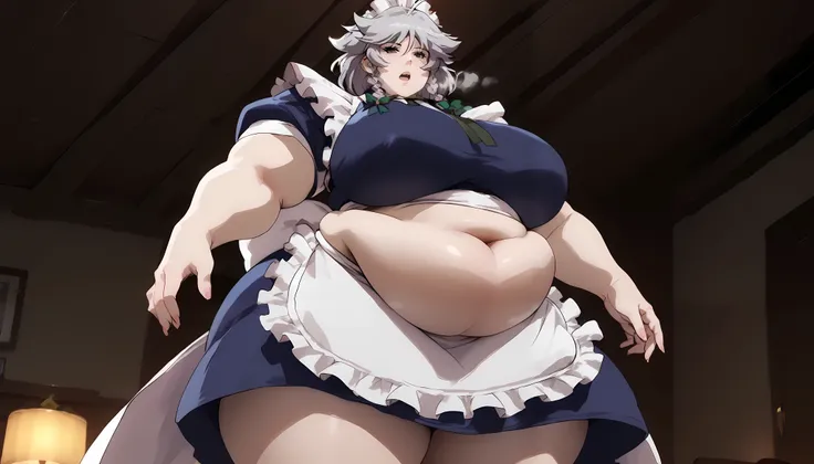 masterpiece、 best quality， very sophisticated、 pantyhose ，（from below ：1.25），Sakuya izayoi，East，alone，Maid head dress、Maid，apron，Short sleeve， dress, Gray Hair, chubby, obese, gigantic arms and legs, large breasts open mouth, out of breath, sexy pose to th...