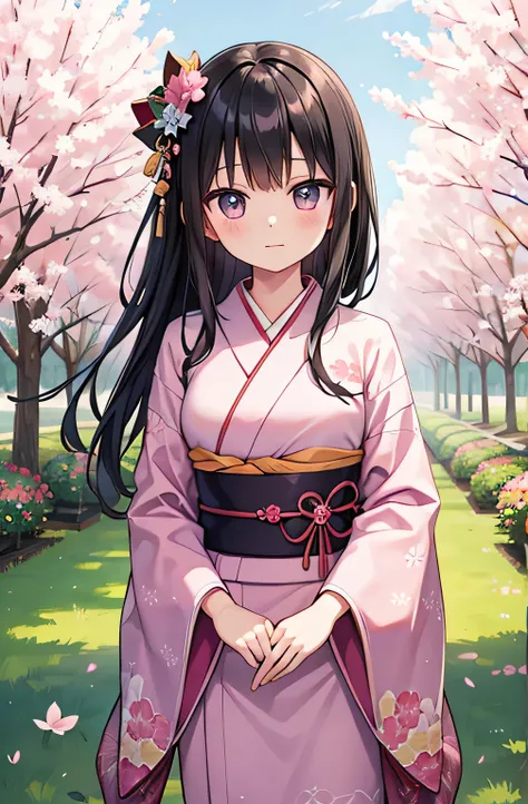  beautiful girl　Sakura pattern kimono　 black hair　 princess cut　Spring scenery