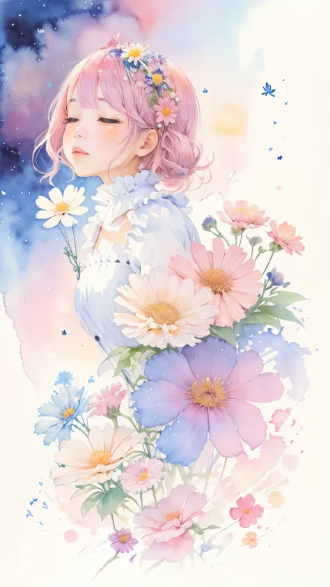 "floral maid girl" Hand drawn watercolor painting ,  Calm Tone ,  cosmos blooming everywhere 、  universe space  、