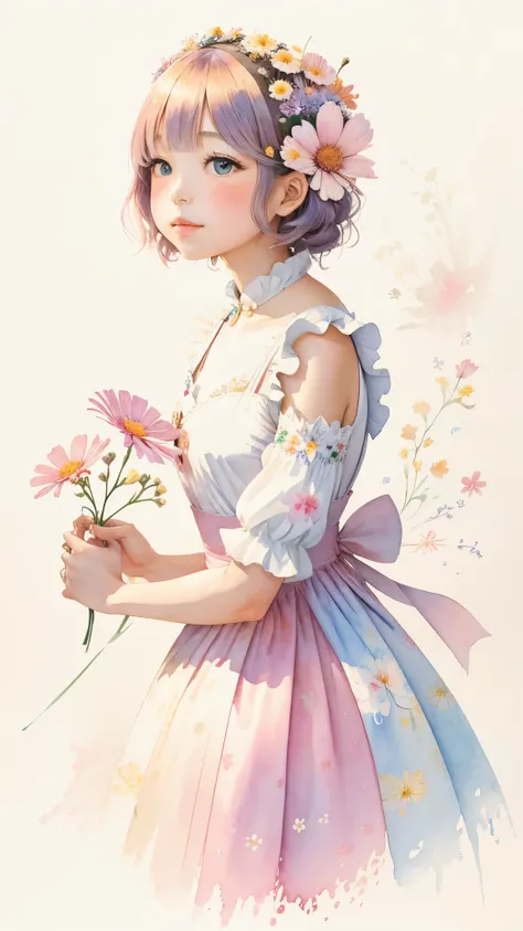 "floral maid girl" Hand drawn watercolor painting ,  Calm Tone ,  cosmos blooming everywhere 、  universe space  、