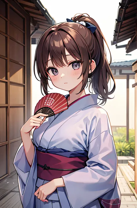  beautiful girl　 brown ponytail　yukata　Holding a fan