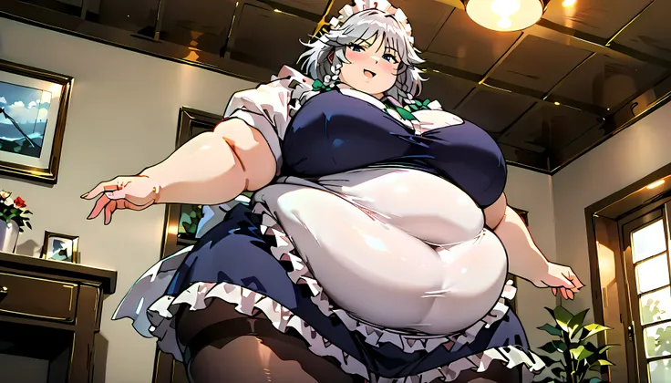 masterpiece、 best quality， very sophisticated、 pantyhose ，（from below ：1.25），Sakuya izayoi，East，alone，Maid head dress、Maid，apron，Short sleeve， dress, Gray Hair, chubby, obese, gigantic arms and legs, large breasts open mouth, elegant sexy pose to the viewe...