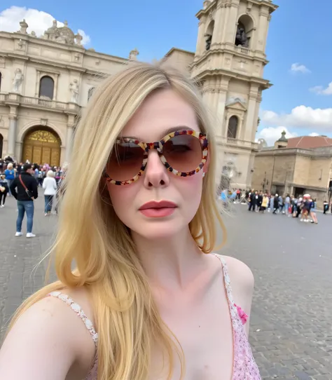 very white European white woman in Peru stands out for her beauty and upper class, modern, high society, In Plaza de Armas , taking selfie, has extreme baby lips , very huge is the first thing that catches the eye super dumb bimbo , Hollow head, ((blond...