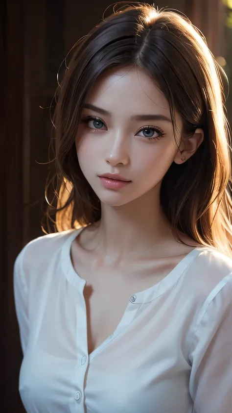 a beautiful girl in a Summer open-collar shirt, detailed background, beautiful detailed eyes, beautiful eyelashes, (upper body shot), (best quality,4k,8k,highres,masterpiece:1.2), ultra-detailed, (realistic, photorealistic, photo-realistic:1.37), vivid col...