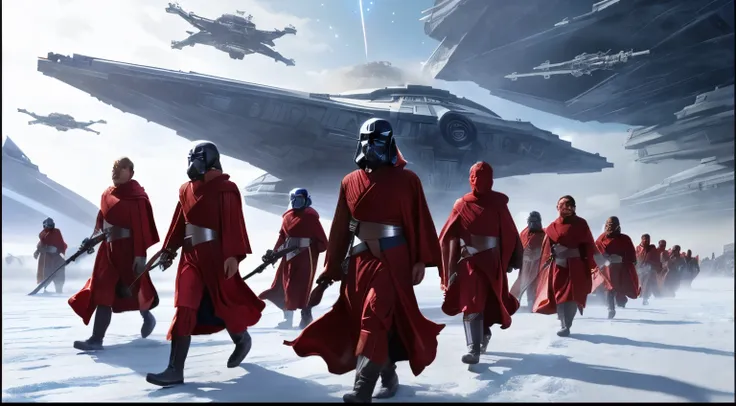 star wars the force awakes in a sci - fi movie, imperial military, imperial march, blue robes, star wars concept art, with young jedi army behind him, star wars imperial style, lucasfilm jesper ejsing, blue cloak, film still from movie dune-2021,