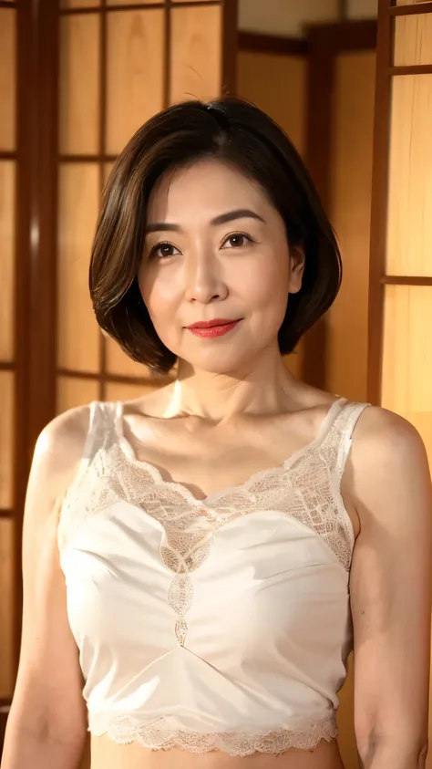 (((最高masterpiece))), ((( the face is in focus :1.5))), (((Draw sharp contours clearly))), No discomfort, (( Accurate Description )), ((( in underwear:1.5))), ((( sexyなブラジャーを着ている:1.5))), sleeveless:1.3, (((Alone))), Wife:1.2, Older Mature Woman, red backg...
