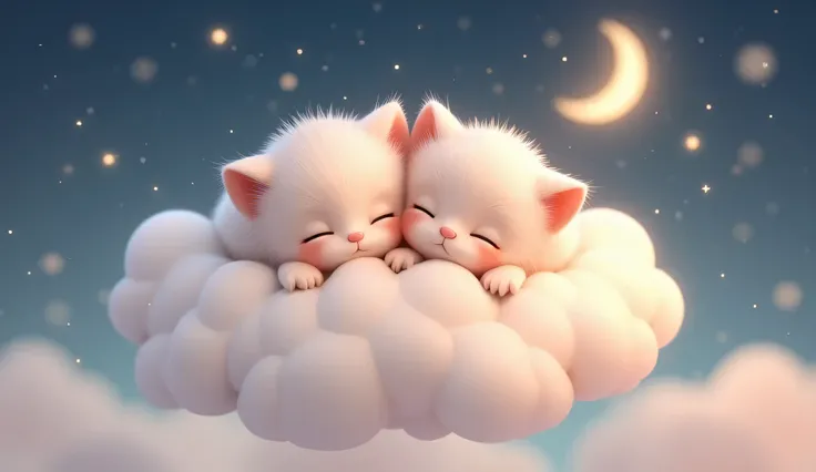 "A cute 3D illustration of two baby kittens cuddled together, sleeping on a fluffy cloud floating in the night sky. The kittens are adorably rounded with slightly oversized heads and soft, gentle expressions, enhanced by long, fluffy eyelashes that add ext...