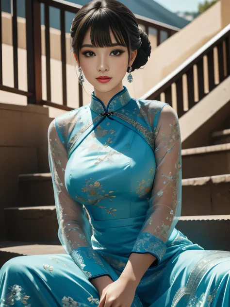8K-quality, UHD, RAW-photo, Realistic, HDR, Subject is in the center of the frame, (Looking at the viewer:1.3), Absolute masterpiece,
Elaborate cheongsam that is depicted in ultra detail, From head to thighs, Outdoors, Stairs,
Highest-quality, Ultra High D...