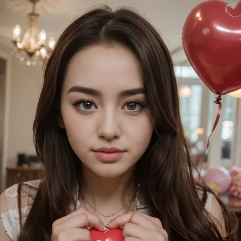 a close up of a woman with long hair and a heart balloon, dilraba dilmurat, she is about 1 , lilly collins, young and cute girl, small heart - shaped face, she has a cute face, 19-year-old girl, ruan cute vtuber, leaked image, ilya kuvshinov with long hair