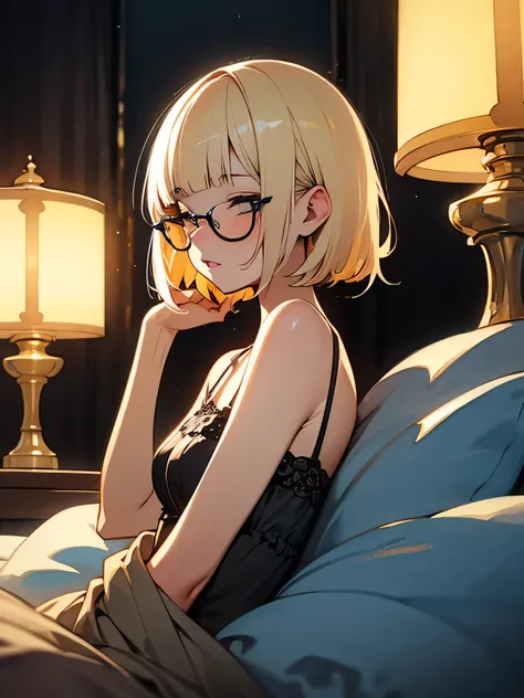 undersideview,Alone, upperbody ,blonde short pixiecut,(blunt bangs),glasses,Detailed Sexy Lips ,ベッドの上で is sleeping, hotel room,A lantern with beautiful lights,Obscene atmosphere, is sleeping, Sexy Lingerie Set, Sexy Shots,like a painting, watercolor painti...