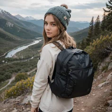 Cute and beautiful 25-year-old girl with short, silver-blond messy hair hikes on a mountain trail, carrying a small backpack and wearing a warm hat to shield from the chill. The realistic photo is taken from behind, capturing her determined expression as s...