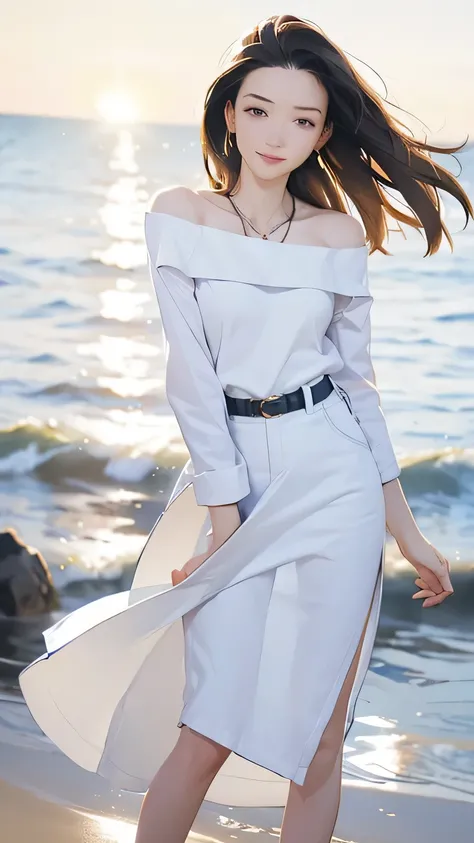 masterpiece,   top quality ,   super high res,  super detailed ,    sharp concentration, 1 female,  gorgeous with a sophisticated off-shoulder dress 、 troubled face、 wet white t-shirt and jeans、long bright dark hair;1.5、 elegant hairstyle 、Blue Eyed Woman、...