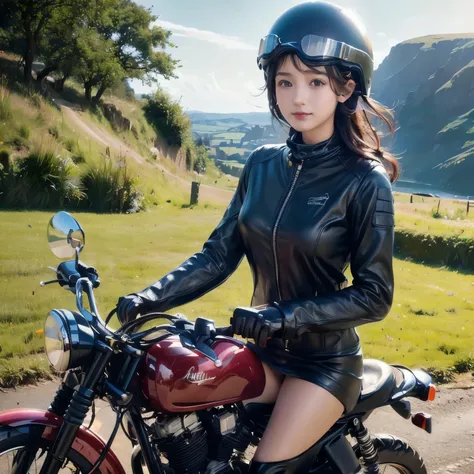 (A young female rider speeds along on a motorcycle)、Vintage Bikes、Bluff Superior SS100、Isle of Man Races、Leather jumper、Cromwell helmet with goggles、After the Rain、English countryside、(Highest quality, masterpiece, High resolution)、8k、wallpaper,masterpiece...