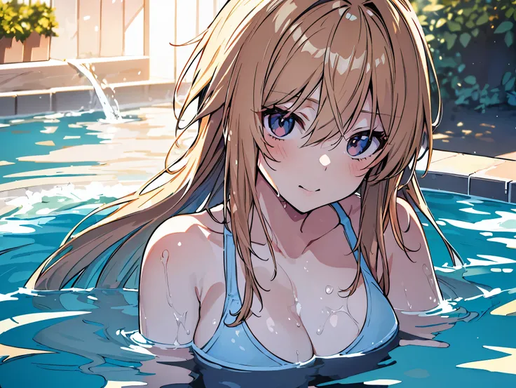 streaked hair, ahoge, wet hair, Impressionism, ray tracing, backlighting, masterpiece, accurate, textured skin, high details, high quality, highres, super detail, 1080P, detailed face, detailed eyes, detailed 5 fingers, Woman swimming in pool, one-piece sw...