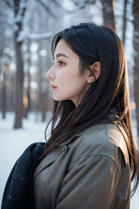 Anxious profile of a beautiful dark-haired woman wearing winter clothes