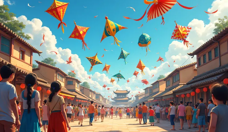 A lively village square filled with families and ren celebrating a colorful kite festival. The sky is a patchwork of vibrant kites in every shape and size: dragons, butterflies, and abstract patterns. Villagers gather around Yenok’s small workshop stall, e...