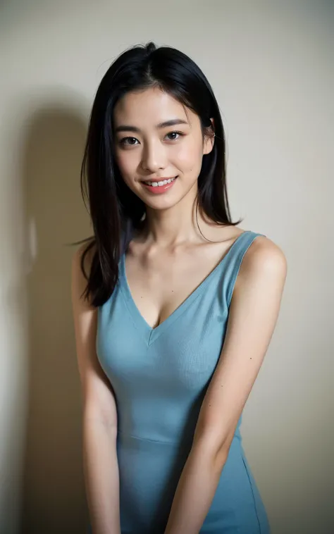 ((Highest quality、8k、masterpiece:1.3))、Realistic, Sharp focus, High resolution, High resolution,Portraiture, One person、Japanese、woman, beautiful woman, (((V-neck sleeveless casual dress)))、30 years old, Attractive person, Medium Long Hair,smile