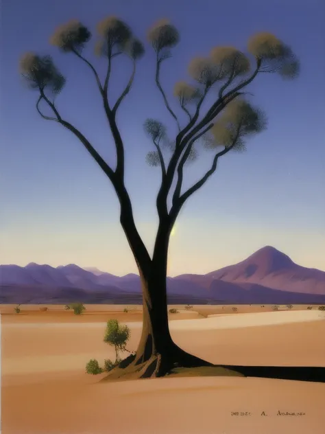 painting of a lone tree in a desert with mountains in the background, by Jerry Weiss, by Leonard Appelbee, by Clarence Holbrook Carter, by Fred Cress, by Ralph Burke Tyree, by Lyle Tuttle, painting in the style of ed mell, by Walter Stuempfig, by Michael S...