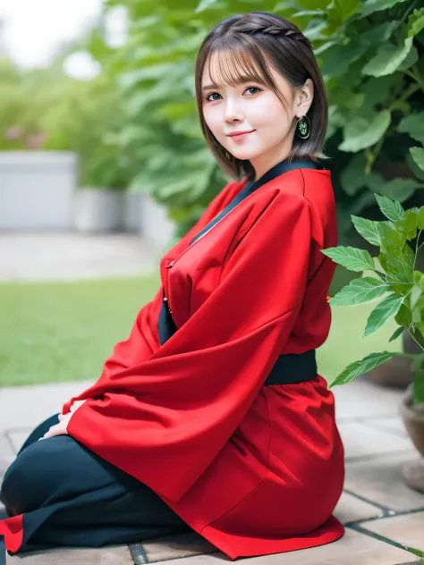A breathtakingly beautiful 20-year-old woman with a slender physique, dressed in an elegant and luxurious black and red kimono suitable for the Japanese New Year. The background showcases a serene sunrise on New Years Day, with a traditional Japanese shrin...