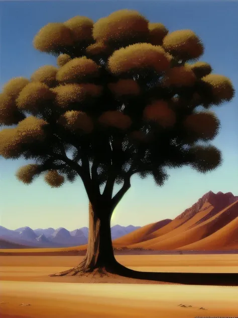 painting of a lone tree in a desert with mountains in the background, by Jerry Weiss, by Leonard Appelbee, by Clarence Holbrook Carter, by Fred Cress, by Ralph Burke Tyree, by Lyle Tuttle, painting in the style of ed mell, by Walter Stuempfig, by Michael S...