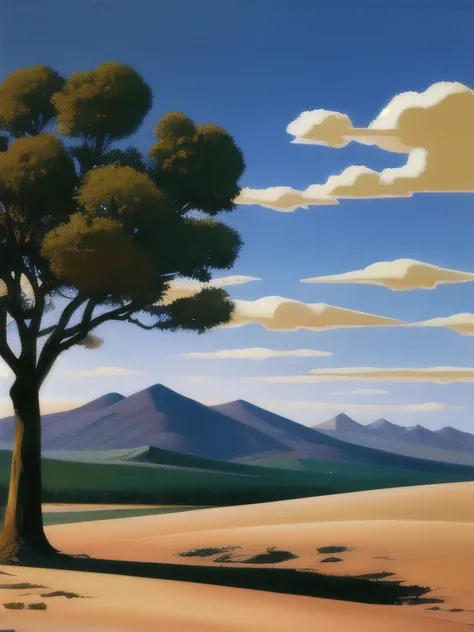 painting of a lone tree in a desert with mountains in the background, by Jerry Weiss, by Leonard Appelbee, by Clarence Holbrook Carter, by Fred Cress, by Ralph Burke Tyree, by Lyle Tuttle, painting in the style of ed mell, by Walter Stuempfig, by Michael S...