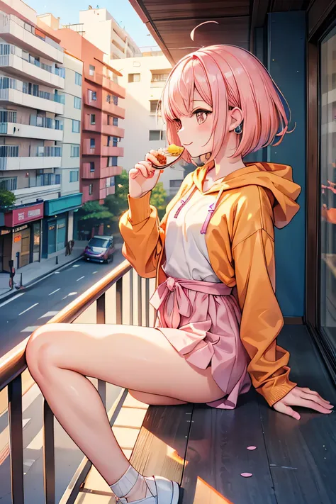 An anime-style girl is eating a large rice ball on the balcony of her apartment, her arms resting on the railing.
rice ball.
A side profile of her eating while staring out from the balcony.

She has pink hair,straight short bob Hair, pink hair and brown ey...