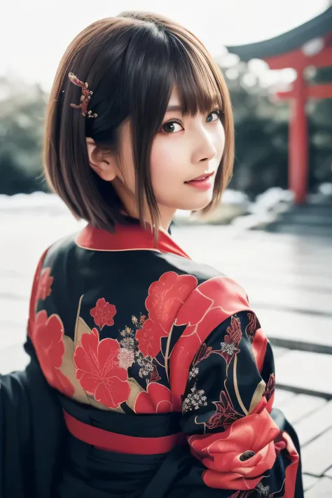 A breathtakingly beautiful 20-year-old woman with a slender physique, dressed in an elegant and luxurious black and red kimono suitable for the Japanese New Year. The background showcases a serene sunrise on New Years Day, with a traditional Japanese shrin...