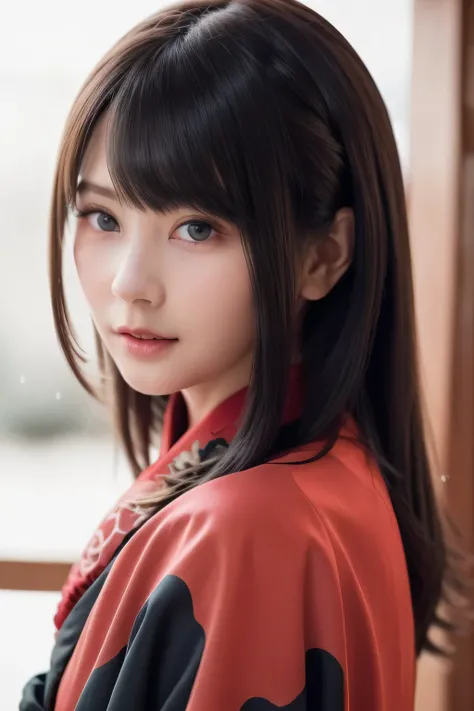 A breathtakingly beautiful 20-year-old woman with a slender physique, dressed in an elegant and luxurious black and red kimono suitable for the Japanese New Year. The background showcases a serene sunrise on New Years Day, with a traditional Japanese shrin...