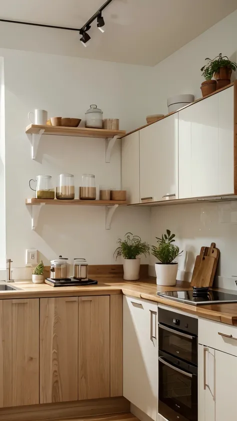 A cozy corner of a modern kitchen, featuring open wooden shelves with neatly arranged glassware, potted plants, and minimalist decor. The color palette includes white, beige, and light wood tones.