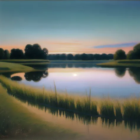 painting of a lake with reeds and a sunset in the background, a pastel by Harold Sandys Williamson, flickr, tonalism, by rainer hosch, steven outram highly detailed, bullrushes, reeds, steven outram, muted water color, peter sculthorpe, small reeds behind ...