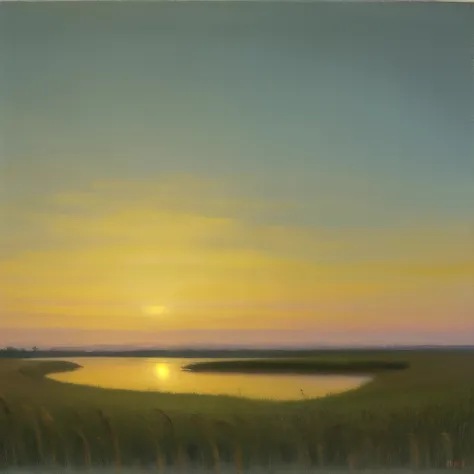 painting of a lake with reeds and a sunset in the background, a pastel by Harold Sandys Williamson, flickr, tonalism, by rainer hosch, steven outram highly detailed, bullrushes, reeds, steven outram, muted water color, peter sculthorpe, small reeds behind ...