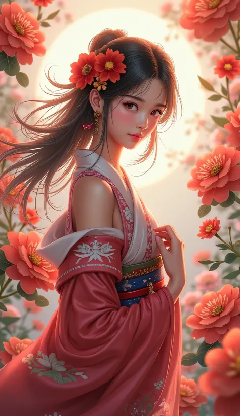 Shrine maiden　front　 upper body　Background flower 　 young woman　Red eyes