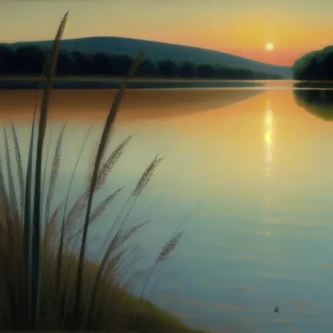 painting of a lake with reeds and a sunset in the background, a pastel by Harold Sandys Williamson, flickr, tonalism, by rainer hosch, steven outram highly detailed, bullrushes, reeds, steven outram, muted water color, peter sculthorpe, small reeds behind ...