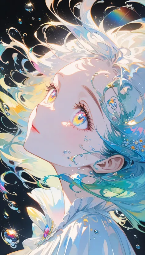 Girl swimming underwater,Ultra-detailed rendering style,shine,yellow,green,Brush,Surreal oil painting,Shining Eyes,Head close-up,Exaggerated perspective,Tyndall effect,Water Drop,Mother of pearl rainbow color,holographic white,Black background,