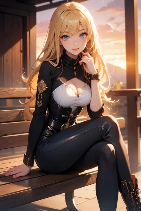  top quality , detailed face ,  cute face,  Masterpiece ,  lady, blonde hair, tight ski outfit,  large breasts,  slim waist, on long bridge, smile, steam punk ,sitting on bench, crossed legs, sunset, hunger, boots