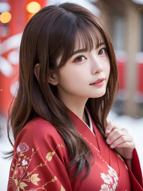 A breathtakingly beautiful 20-year-old woman with a slender physique, dressed in an elegant and luxurious black and red kimono suitable for the Japanese New Year. The background showcases a serene sunrise on New Years Day, with a traditional Japanese shrin...