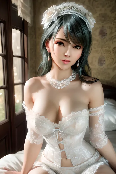 1girl, ((wedding-style))( delicate white lace corset:1.2) with an intricate floral pattern, sheer gloves and matching stockings. Around her neck she wears a multi-layered pearl necklace and elegant earrings. The background features warm vintage decor with ...