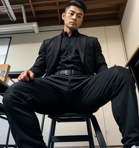  30 year old handsome, One Man,、  muscular、 Kosaka Ikuo。BLACK GAKURAN .  black jacket 、  black slim pants 、Short Hair、classroom、  black slim pants 、  upper body up　Kosaka Ikuo 　 facing the front　 open her legs 、 sits on a chair　View from below