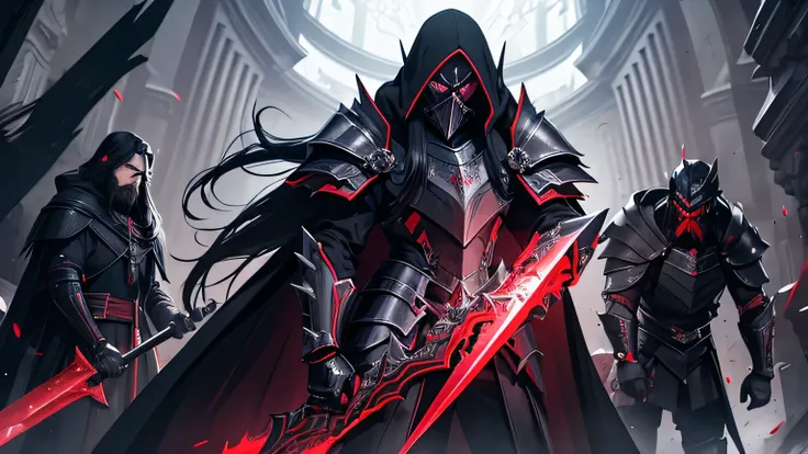 First man, jet black plated knights armor with hints of red, wielding Greatsword in right hand, Red eyes, long black hair with beard, Second Man, black metal armor with dark purple cloak around armor, wielding greatsword, dark purple eyes, First man standi...