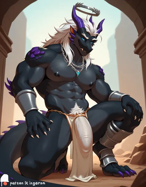 Solo, male Anthro dragon, black scalies, black body, black skin, scalies, purple chest, purple belly, long white hair, blue eyes, athletic, I am Night-Ice hybrid dragon with black scales and black skin but on my chest and belly scales is purple, Athletic b...