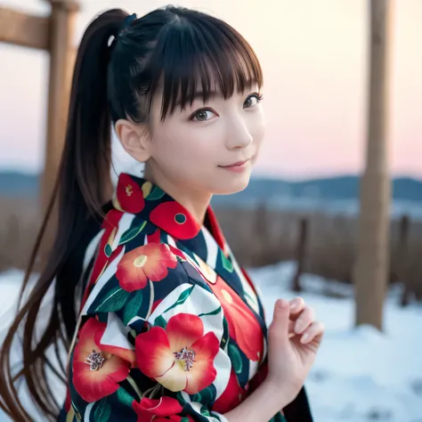 A breathtakingly beautiful 20-year-old woman with a slender physique, dressed in an elegant and luxurious black and red kimono suitable for the Japanese New Year. The background showcases a serene sunrise on New Years Day, with a traditional Japanese shrin...