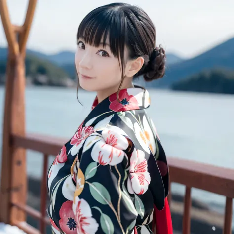 A breathtakingly beautiful 20-year-old woman with a slender physique, dressed in an elegant and luxurious black and red kimono suitable for the Japanese New Year. The background showcases a serene sunrise on New Years Day, with a traditional Japanese shrin...