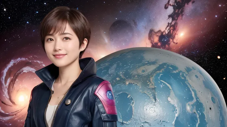 343 (20-year-old female, short hair), ( high image quality), (smile), (SF Cool Suit Flower), (( The World of Galaxies and Space )), (Nebulae and Planets ), (Spaceship), (chest:1.2)