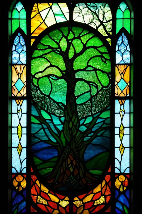 stained glass,Cthulhu and H.P. Lovecraft primeval world,Tree of Life,abyss