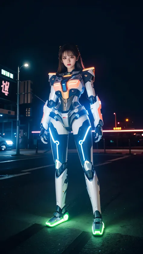 masterpiece, best quality, real, 1girl, ives girl, (full body mecha: 1.3), beautiful lights, (neon: 1.2), (night: 1.5),