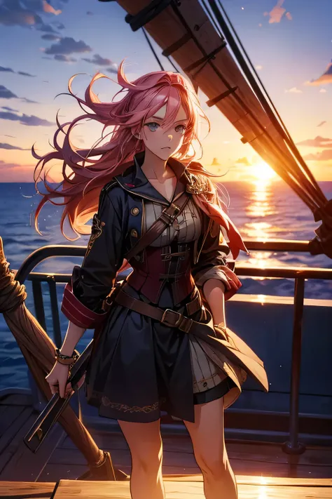 Pirate. Europe, 21st century. The female is wearing a clothes pirates. Anime style. Female on a ship at sea. Sunset.