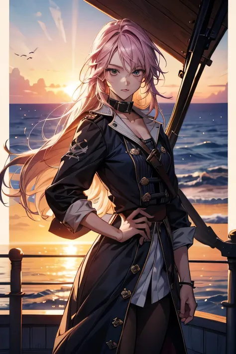 Pirate. Europe, 21st century. The female is wearing a clothes pirates. Anime style. Female on a ship at sea. Sunset.